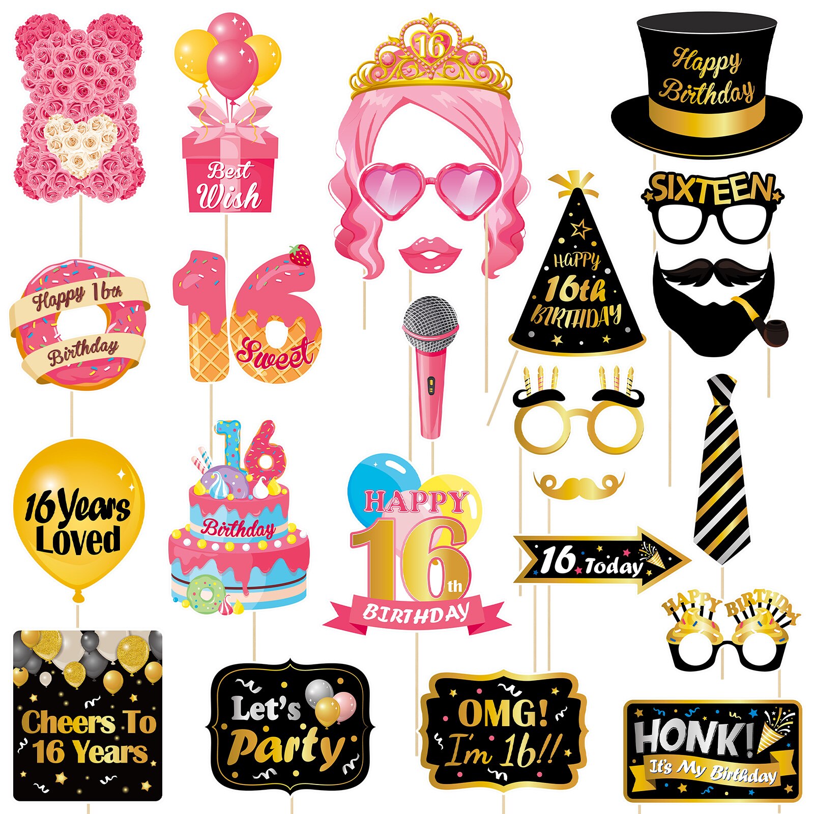 Abaodam 24pcs Selfie Props Handheld Photo Booth Props Pre-glued with Sticks Party Props for Sixteenth Birthday Party