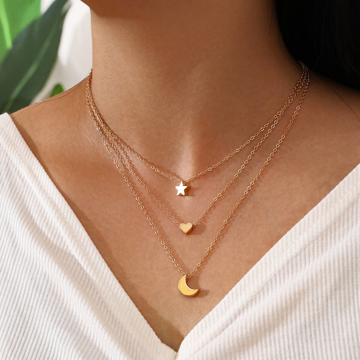 Multi-Layer Moon Stars Choker Necklace Stainless Steel Pendant Necklace Star Gold Necklace Women Choker Necklaces: 3