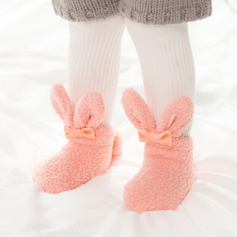 Coral Fleece Baby Meisje Sokken Leuke Konijn Kinderen Sokken Met Bogen Winter Anti-Slip Infant Toddler Kids Indoor Vloer sokken 1-3Y: pink / 1-3Y