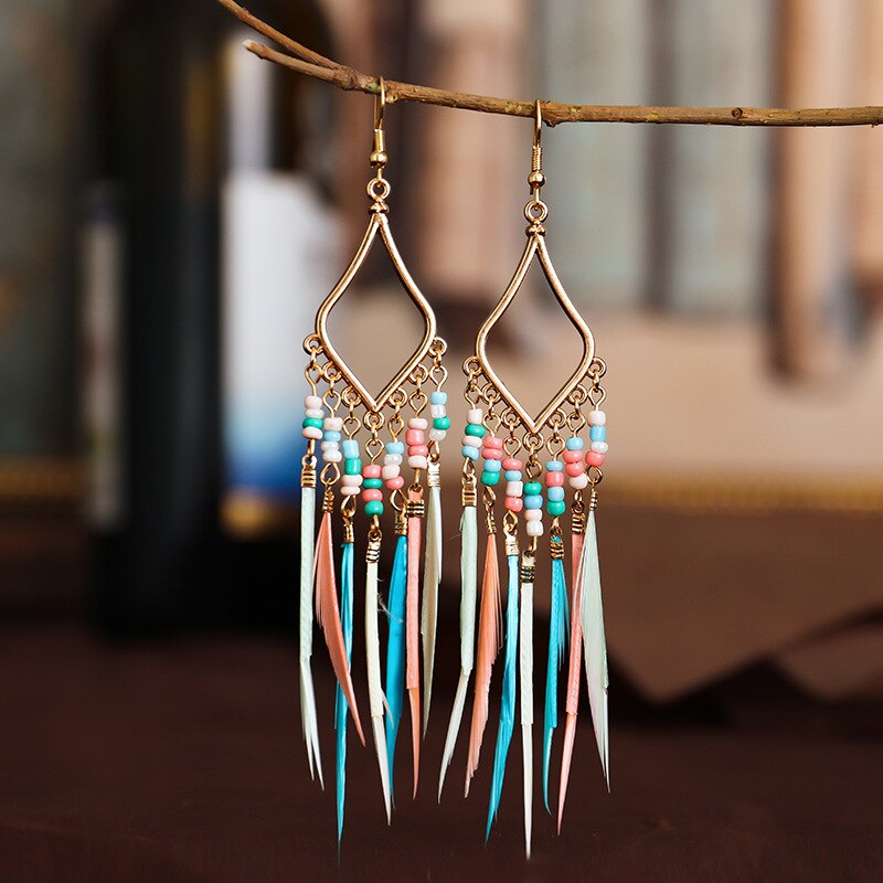 Hippie Vrouwen Geometrische Lichtmetalen Lange Tassel Dangle Oorbellen Bohemian Boho Sieraden Kleurrijke Feather Oorbellen Brincos Bijoux: Style 4