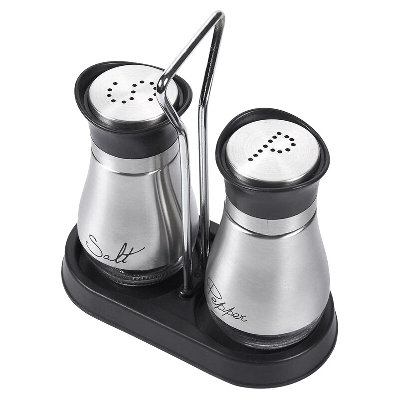 Salt and Pepper Shakers Set - High Grade Stainless Steel with Glass Bottom and 4 inch Stand - 4 inch x 6 inch x 2 inch, 4 Oz.
