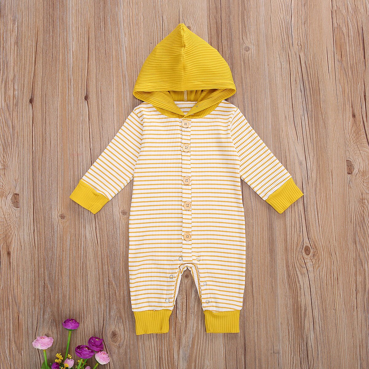 Baby Baby Hooded Romper Gestreepte Lange Mouwen Hooded Jumpsuit Lente Herfst Voor Meisjes Jongens, Kaki/Geel/Roze