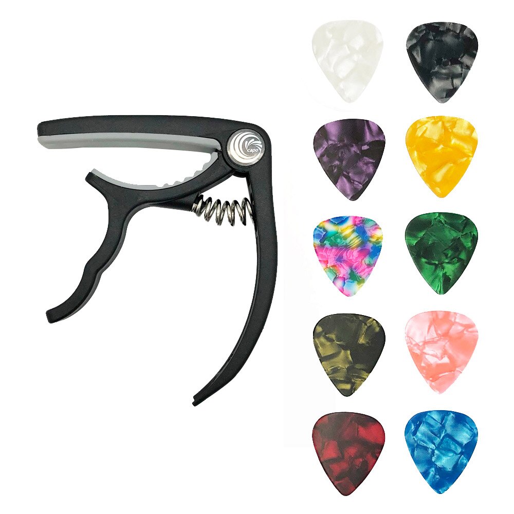 SLOZZ Plastic Guitar Capo + 10 Picks Mediator for Acoustic Electric Guitarra Capotraste Accessories 0.46 0.71 0.96 mm Thickness: Black Capo