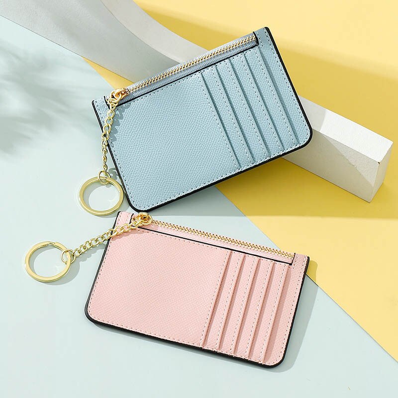 Effen Kleur Kaarthouder Voor Vrouwen Super Dunne Kleine Vrouwelijke Portemonnee Pu Lederen Mini Zaken Id Credit Card Case Vrouwen sleutelhanger