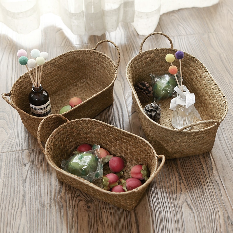 WHISM Handmade Woven Storage Basket Straw Food Picnic Basket Container Makeup Organizer Rattan Bread Fruit Holder Wicker Basket