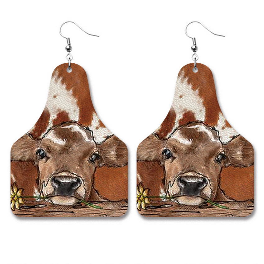 Pendientes con estampado de vaca para mujer, aretes de cuero PU con etiqueta de vaca, del Salvaje Oeste, vaquero, estilo Texas, joyería al por mayor,