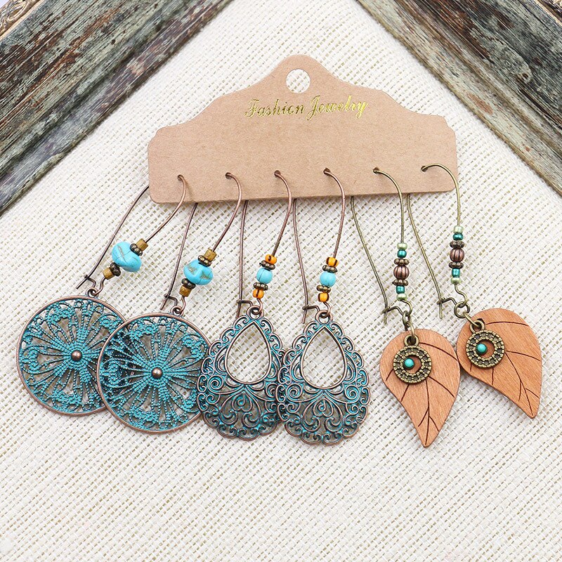 Boho Geometry Round Circle Alloy Earrings for Woman Indian Ethnic Leaf Long Hanging Earrings Set Jewelry Accessories