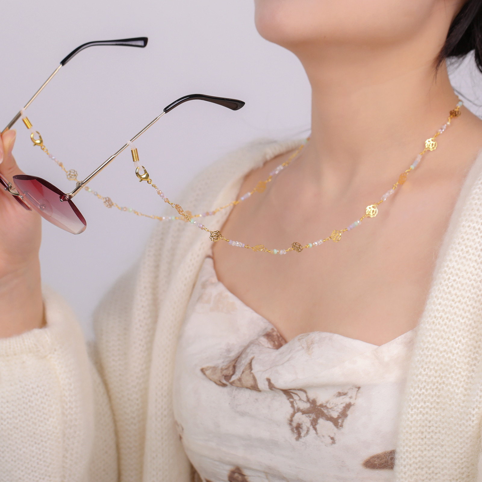 Gekleurde kristallen hartvormige brilketting roestvrijstalen dameszonnebrilketting modieuze Boheemse sieradenaccessoires