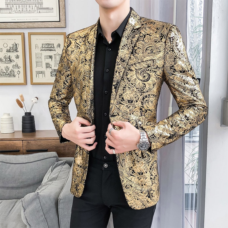 Smoking vêtement formel slim costume veste hommes de luxe paisley fleur motif fantaisie costume veste discothèque danse hommes jolie pochette