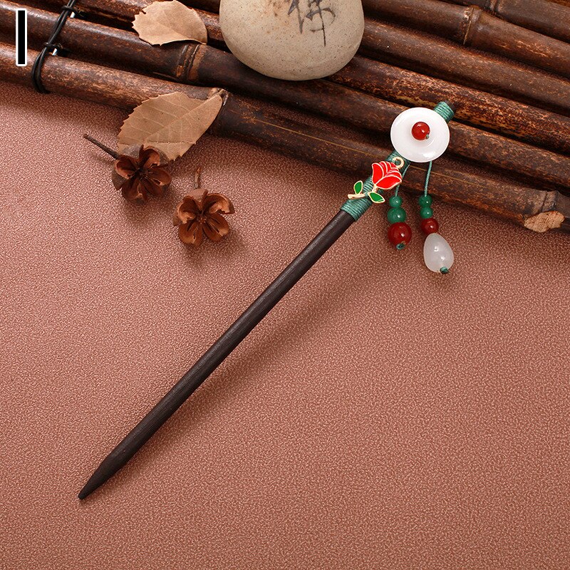 Paletas de madeira estilo chinês, bastão de cabelo artesanal, vintage, com flor, para mulheres, étnicas, acessórios para cabelo: I
