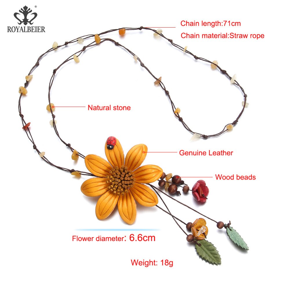 RoyalBeier 5 Kleuren Leer lucky Bloem Leaf Lange Hanger Ketting Bohemian Stijl Lederen Ketting Lange Vrouwen Ketting XL0148