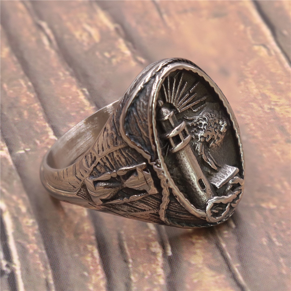 Viking vuurtoren herenring van roestvrij staal in titanium