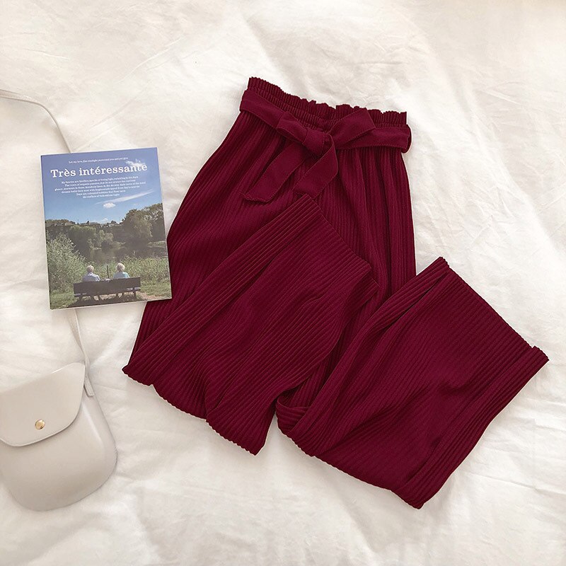 Women's Casual Wide Leg Pants - High Waist Belted Pleated Trousers for Summer: Wine Red