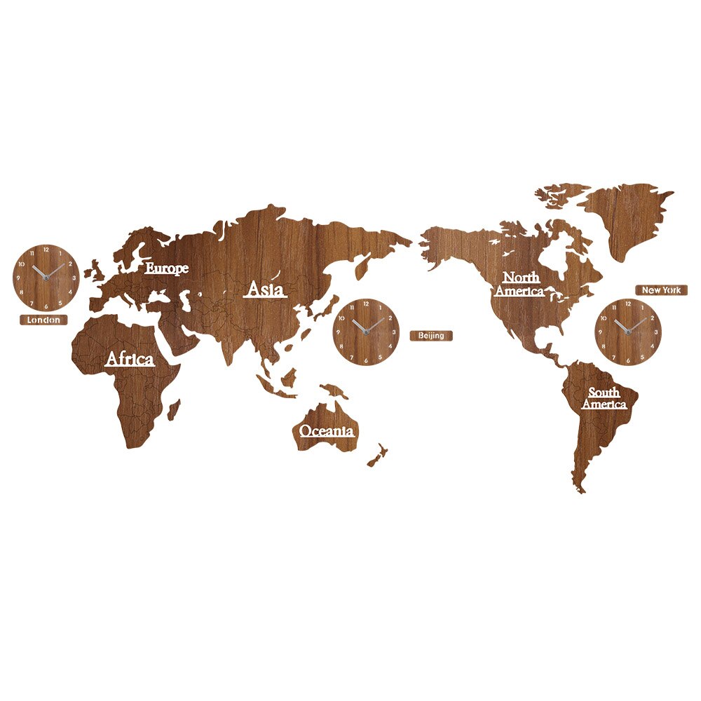 Wall Clock DIY 3D World Map Large Wooden MDF Wood Watch Wall Clock Modern European Style Round Mute Relogio De Parede: Brown With Brown