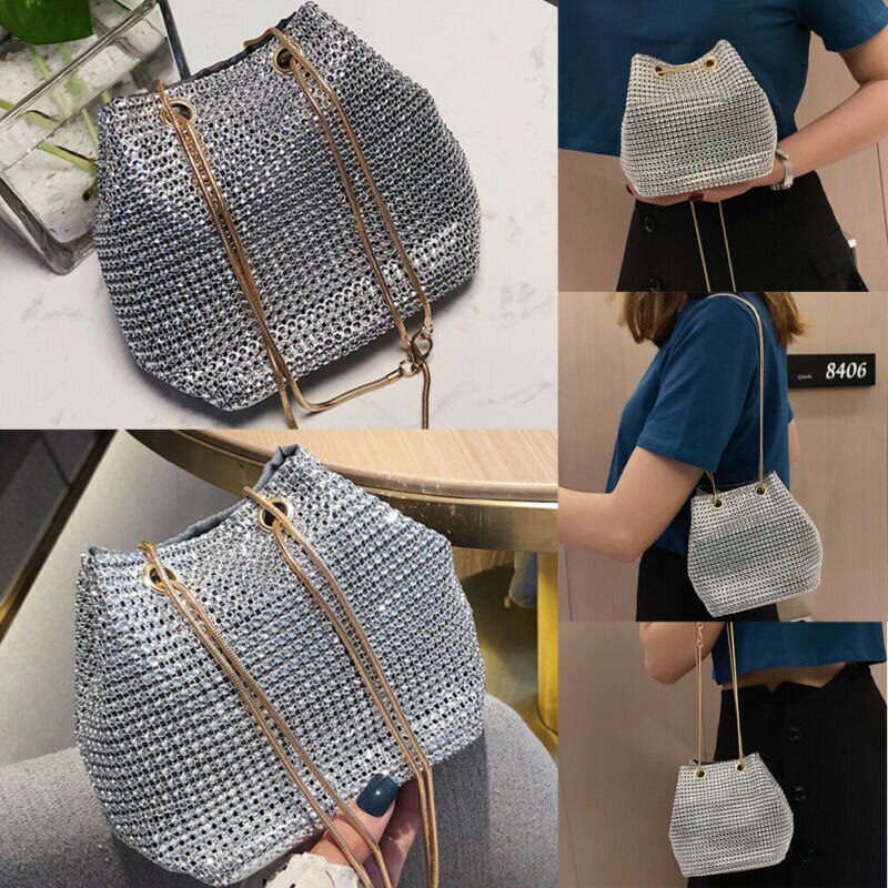 Brand Style Ladies Rhinestone Bucket Shape Evening Party Storage Totes Shoulder Bag Hand Bag