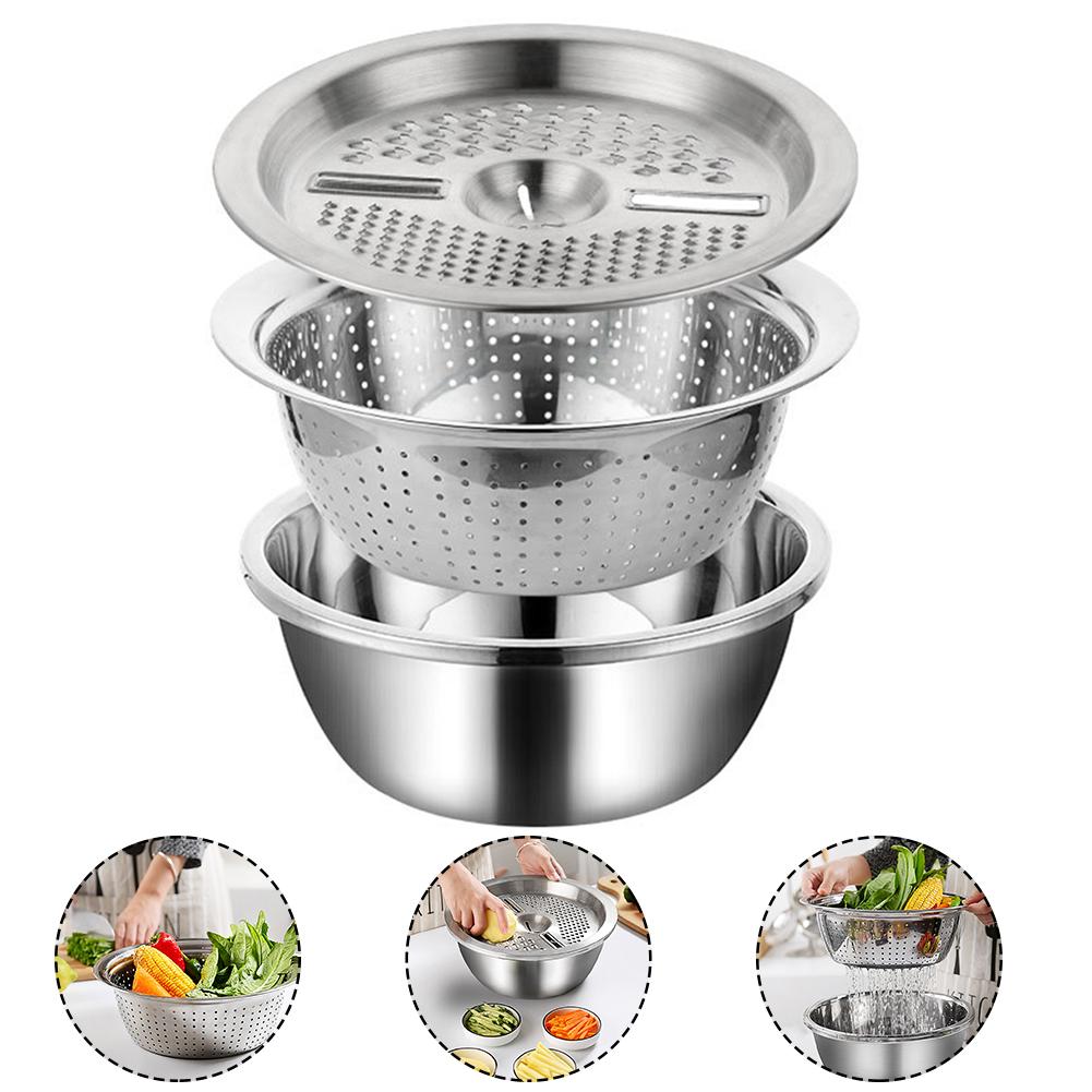 3 Pcs Set Stainless Steel Soup Pot Vegetable Slicer Drain Basket Cheese Grater Rice Washing Filter Kitchen Tool Strainer Basin