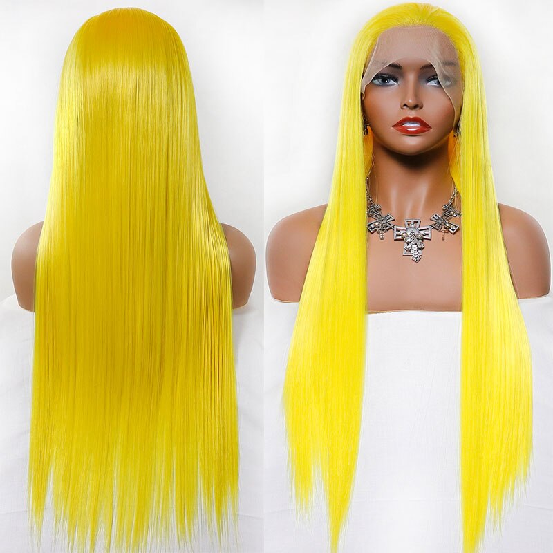 Bombshell gul 13*3 syntetiske blonder front paryk naturlig lige hårgrænse klistermærke varmebestandig fiber, dame paryk