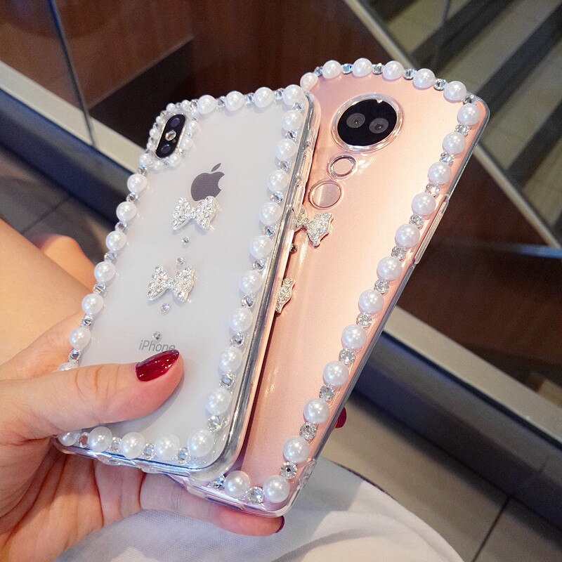 For ZTE Blade A3 A5 A7 V9 V10 Vita L8 Axon 7 Nubia Z17 Z11 Max N1 Diamond Bow Cover Pearl Rhinestone case