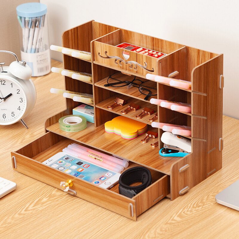 Pen holder Nordic ins storage box creativity office,desk stationery box wooden large capacity rack wooden book box