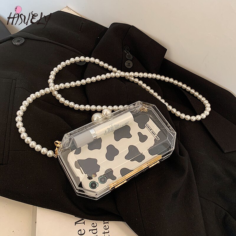 2022 moda trasparente scatola acrilica pochette borsa da donna trasparente borsa a forma di botte di plastica borsa da festa per ragazza con catena di perle