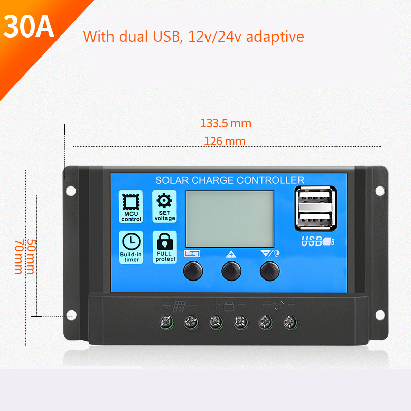 30a/20a/10a 12v 24v auto solenergi ladekontroller pwm kontrollere lcd Dobbel usb 5v utgang solcellepanel pv regulator: Blå
