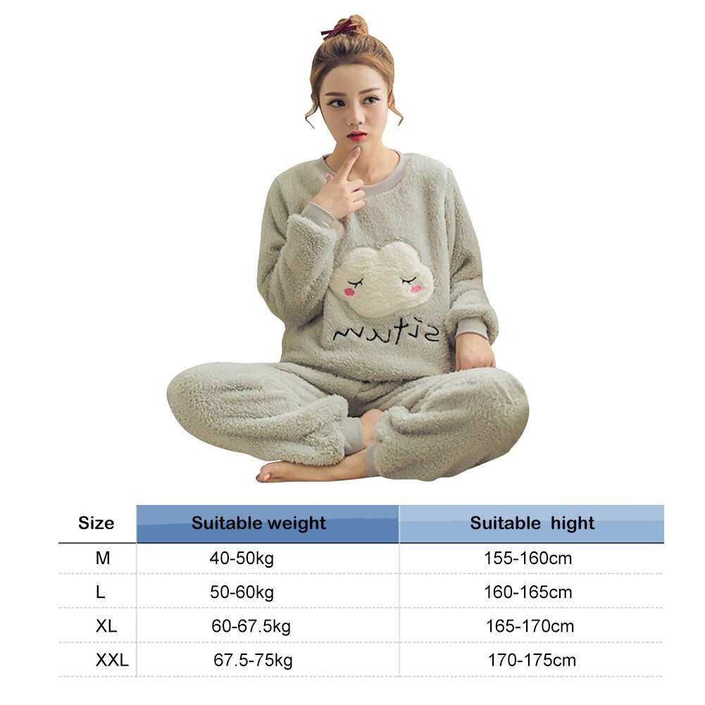 2pcs Korean Winter Warm Thicken Flannel Pajamas Set Sweet Women Long Sleeve Cartoon Print Leisure Homewear Sleepwear Tops+Pants