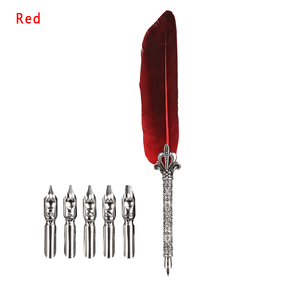 Juego de plumas Vintage con 5 puntas, pluma de flor tallada, pluma oblicua, , herramientas de escritura, suministro escolar y de oficina, 1 Juego: Rojo