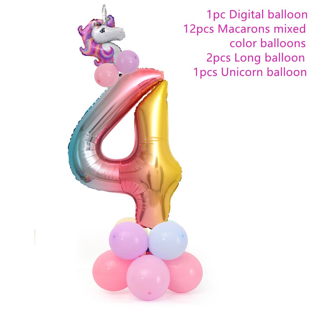 18 Pcs Eenhoorn Ballon Set Verjaardagsfeestje Ballonnen Regenboog 32 Inch Nummer 0-9 Kids Volwassenen Verjaardag Wedding Party ballon Decoratie: number 4