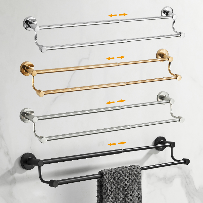 Baderom uttrekkbar håndklestang dobbel svart, krom håndklestativ forlenget tørkehåndklehenger gull, nikkel  el81024d