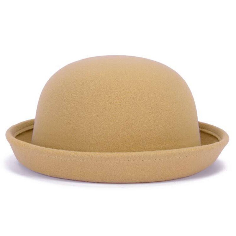 Förälder-barn bowlerhatt ullfilt fedora hattar för kvinnor flickor barn solid katt öra formell keps trilby sombrero derby: Kupol kamel / 54cm
