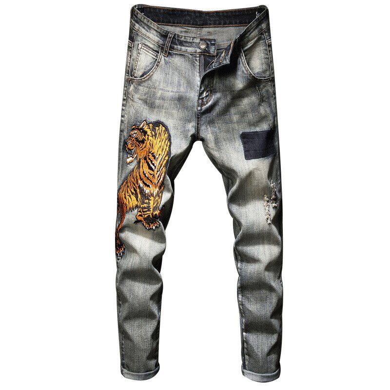 Pantalones vaqueros con bordado de tigre para hombre, Jeans largos rasgados de corte Slim, Vintage, azul