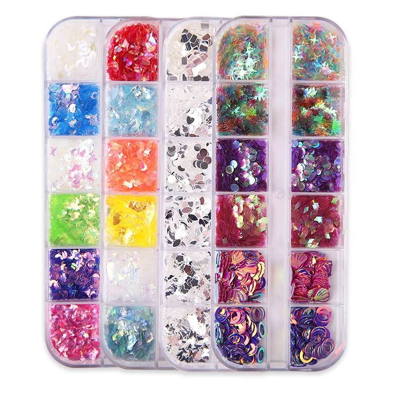 3D Vlokken Plakjes Zachte Aardewerk Nail Glitters Art Decorations Nail 12 Grid Box Nail Decoratie Gemengde Sequin Set Ster En maan