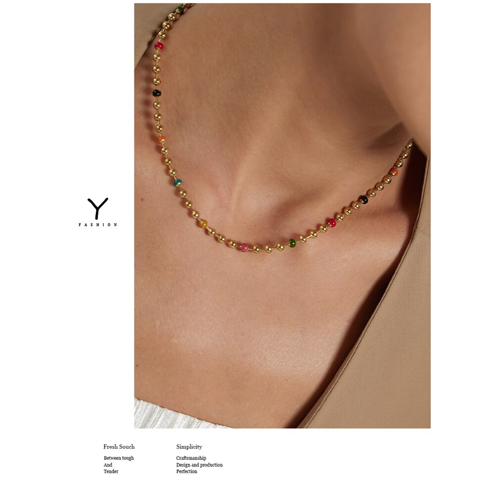 Yhpup Rvs Bead Chain Ketting Statement Kleurrijke Enamel Kraag Ketting Joyería Acero Inoxidable Mujer