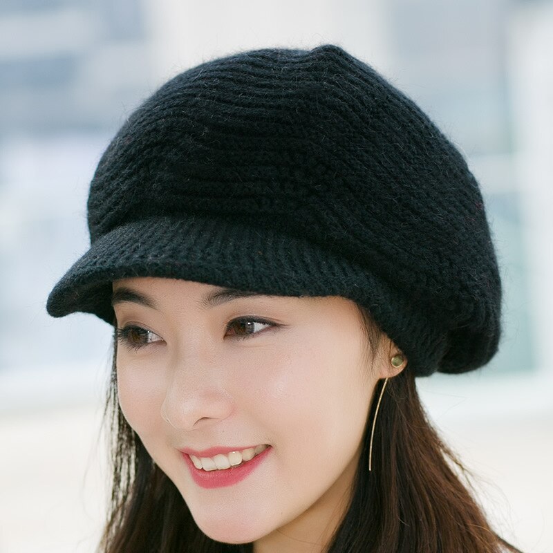 Kvinder pige efterår vinter kasket udendørs fløjl varm vild strik uld hætter tidevand hatte stilfulde hætter ensfarvet hatte: Sort