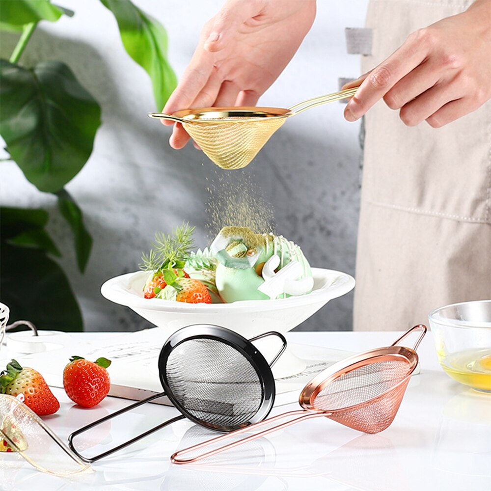 Stainless Steel Kitchen Handheld Screen Mesh Strainer Rose Gold Flour Sieve Cooking Oil Strainer Colander Kitchen Accessories