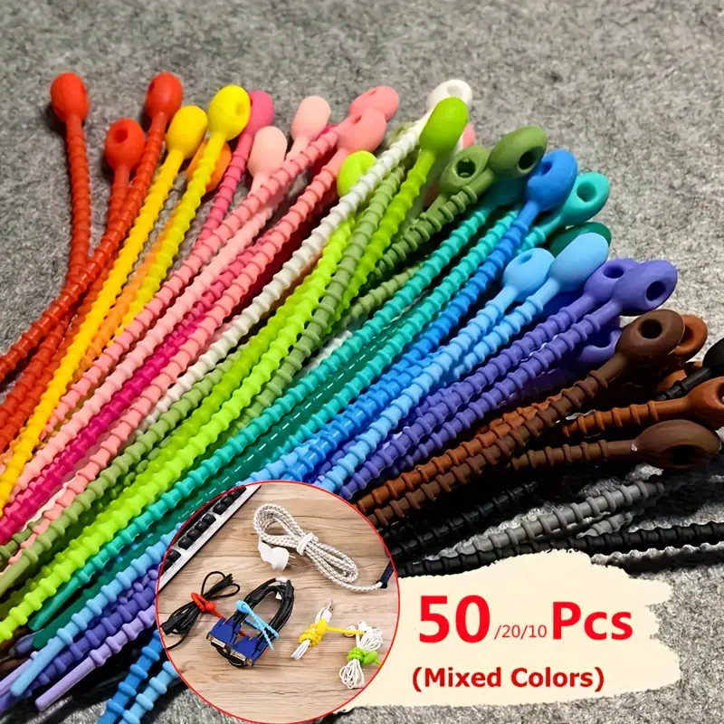 Silicone Reusable Cable Wire Organizer - 50/20/10pcs Cord Management Zip Tie Twist Multifunctional Bag Clip Storage Bag Ties: Gold