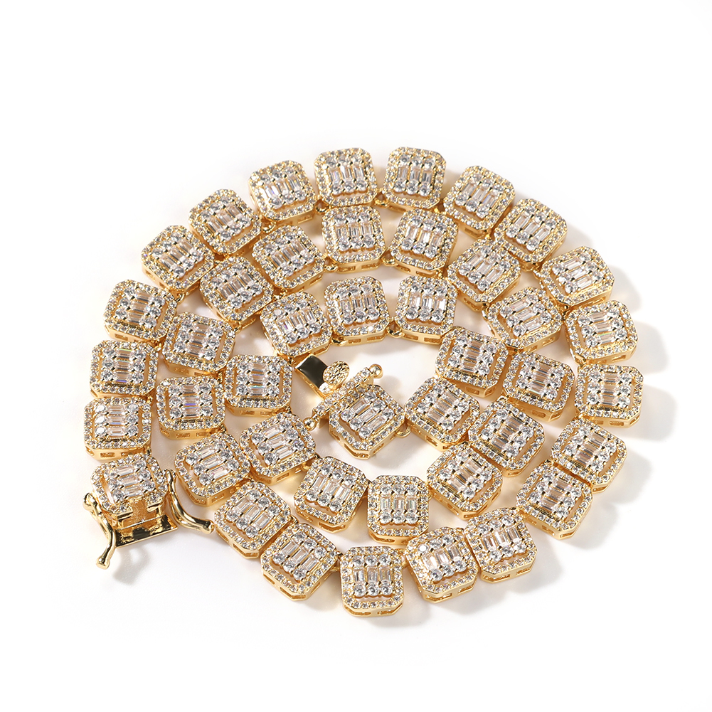 Uwin 10Mm Baguette Ketting Verharde Bling Roze Vierkante Cz Iced Out Link Chain Choker Ketting Hiphop Sieraden Voor: Gold / 18inch