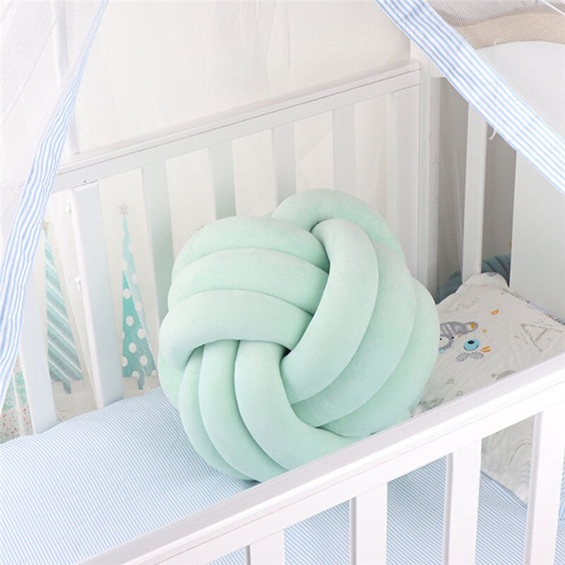 Handgemaakte Braid Knoop Bal Kussen Baby Room Decor Peuter Baby Wieg Bed Rugleuning Ronde Kussen Kinderen Spelen Zachte Bescherming: light-green-27cm