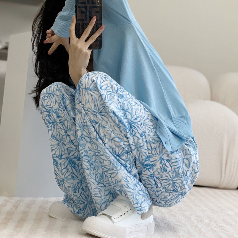 Women Mopping Sleep Bottoms Loose Soft Pockets Blue Fresh Floral Sweet Girls Teenagers Nightwear Outdoor Females Lounge