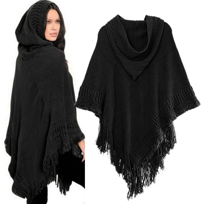 Frauen Mantel Mit Kapuze Pullover Stricken Batwing Top Poncho Mit Kapuze Cape-Mantel Quaste Pullover Outwear