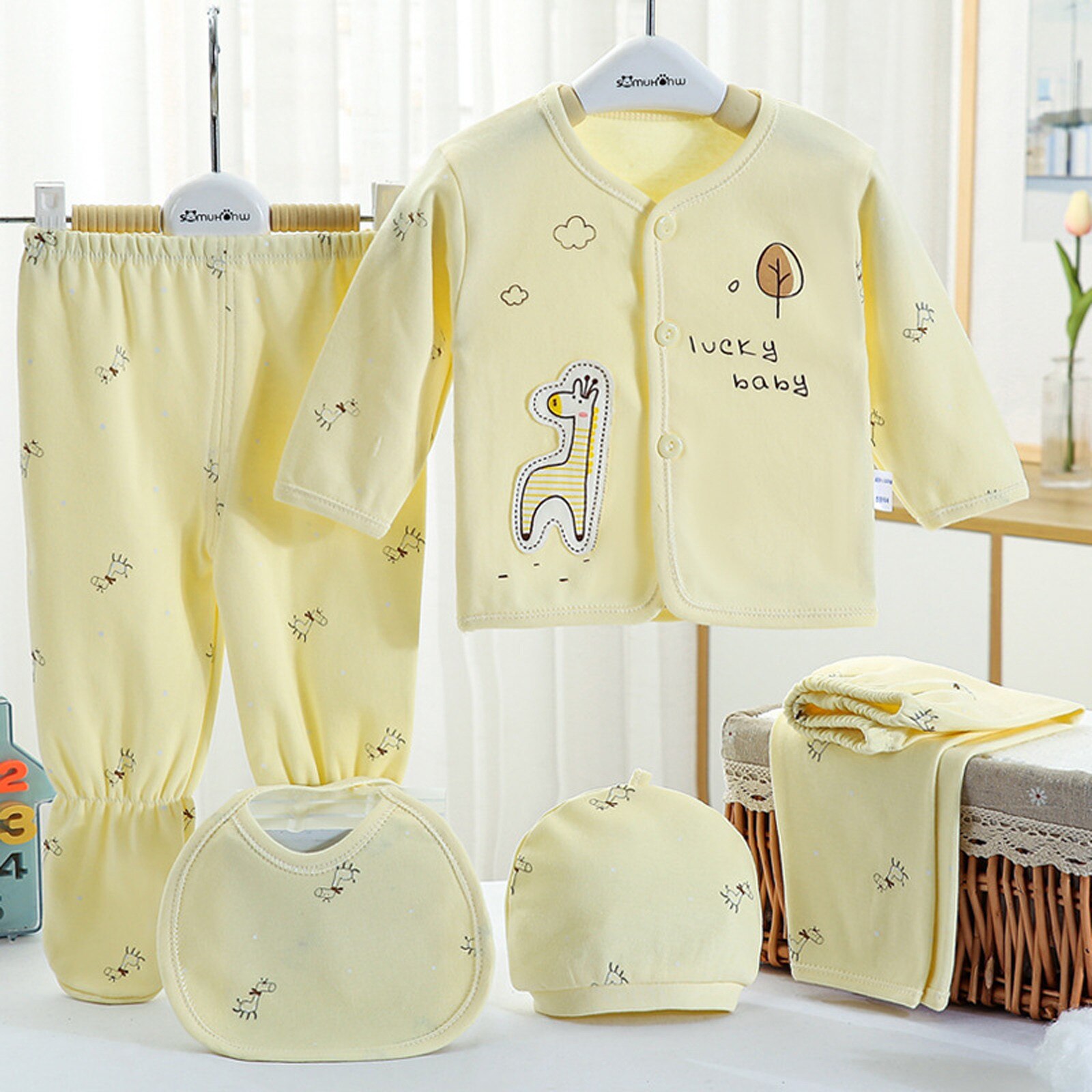 5Pcs Pasgeboren Nachtkleding Kleding Set Baby Jongens Meisjes Cartoon Lange Mouwen Tops + Hoed + Broek + Bib Outfits set