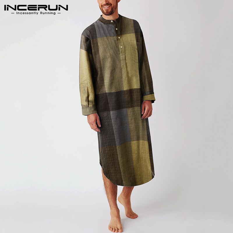 Incerun Moslim Mannen Islamitische Kaftan Lange Mouwen Stand Kraag Katoen Plaid Vintage Casual Robes Streetwear Caftan Mannen Jubba Thobe