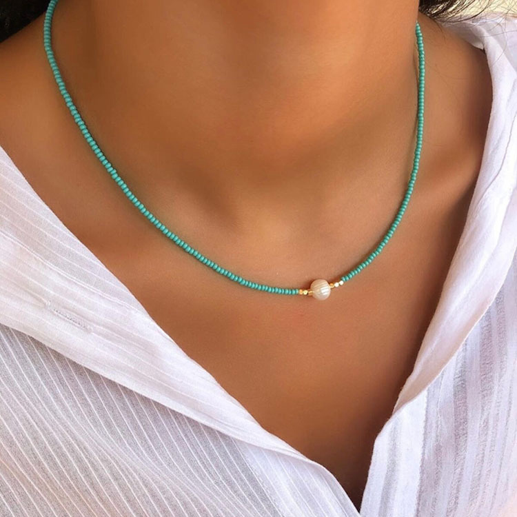 Cadena de cuentas de Color dorado hecha a mano bohemia, collares de , colgante de perlas, joyería para vacaciones en la playa para mujer, accesorios N0374: Rodio plateado