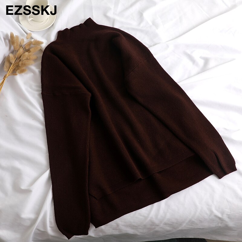 Pull ample femmes pull décontracté col roulé à manches longues chic surdimensionné tricot pull femme pulls fendu côté haut: Marron