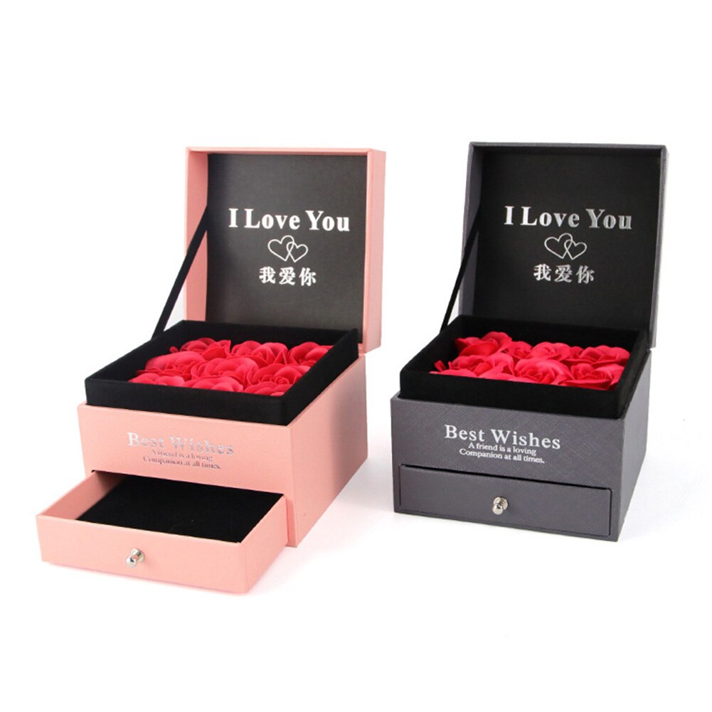 Ring halskæde smykker indehaver papkasse  + 9 stk faux rose blomsterkasse