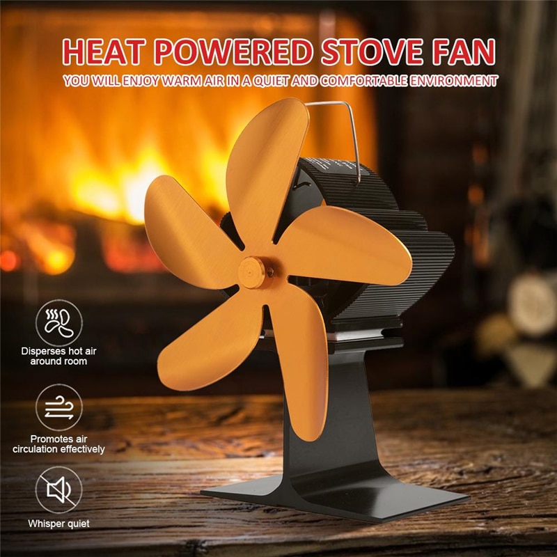 Ecofan-ventilador de leña con 5 aspas 210CFM, quemador de leña para el hogar, con calor eficiente con termómetro
