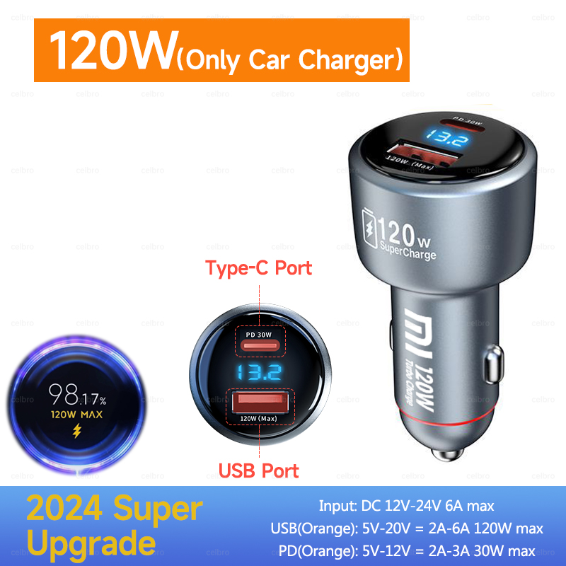 120W Xiaomi USB Type C Car Charger 67W 6A Turbo Fast Charging Adapter For Mi 14 13 13T 12 Pro Redmi Note K60 IPhone 16 15 Charge: KR