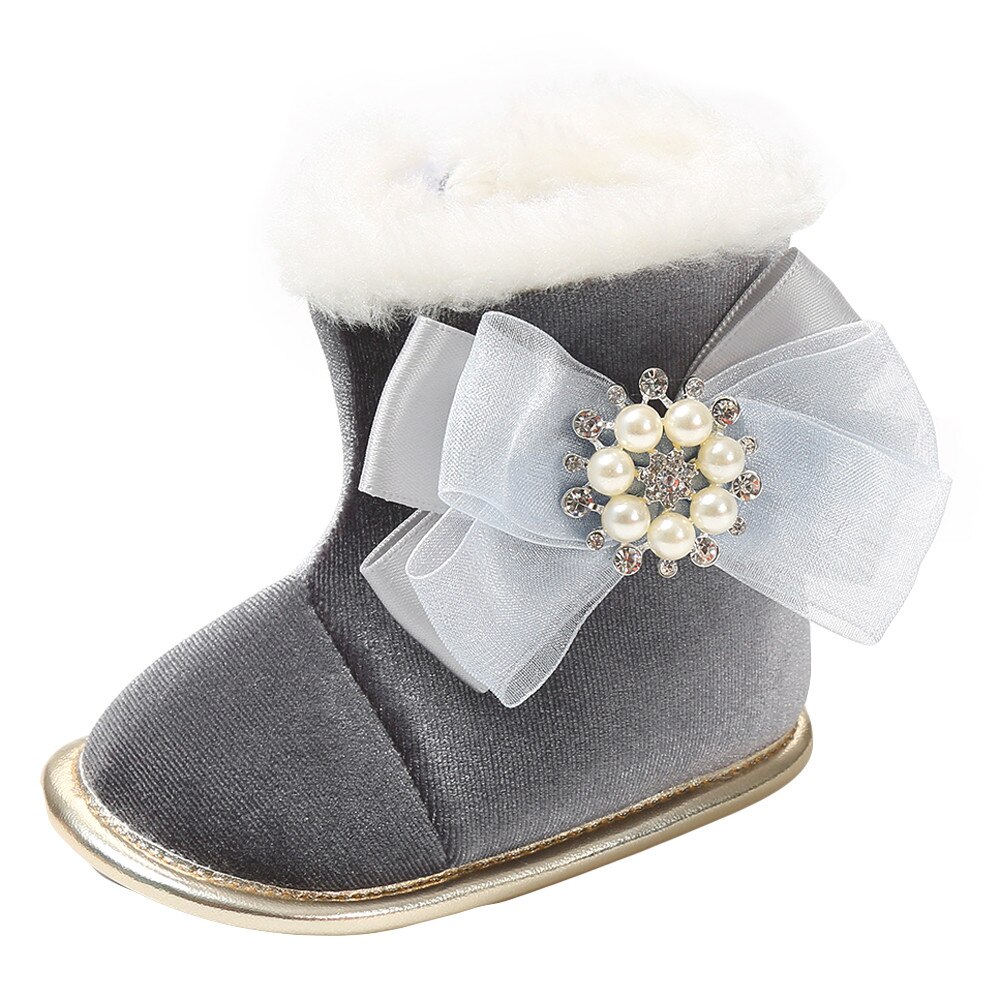 Baby Schoenen Baby Meisje Parel Bloem Warm Houden Pluche Soft Snowboots Zachte Crib Shoe Pasgeboren Booties Bebek Ayakkabi kinderen: Grijs / 11