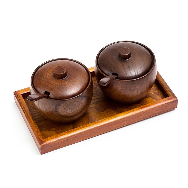 Wooden Condiment Container Seasoning Box Set Condiment Canisters Pots with Wooden Spoon Lid and Base,Secure Durable Organization: 2PcsSet