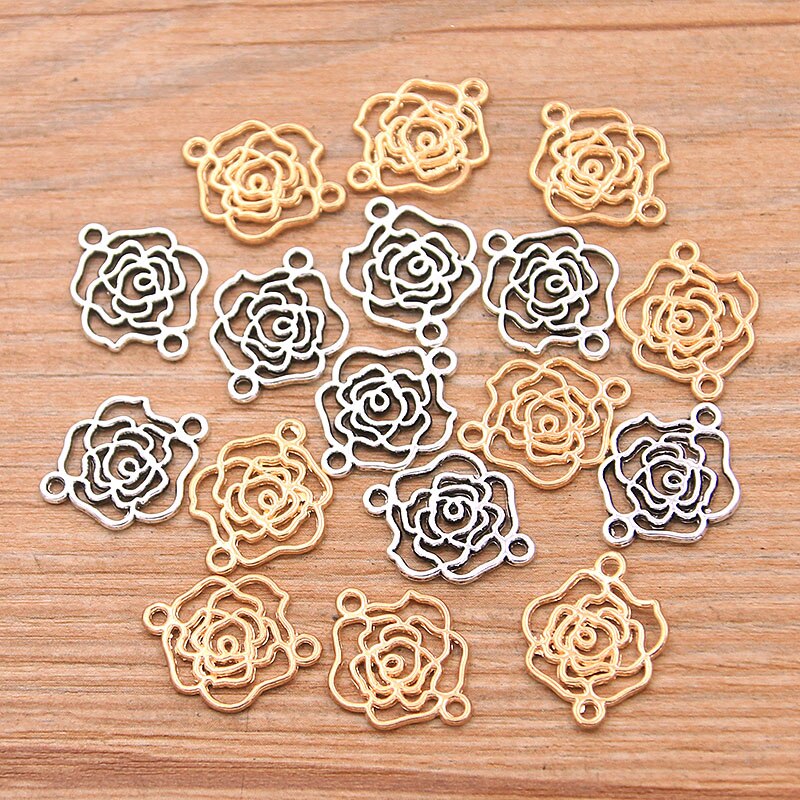 40Pcs 2 Kleur 13*16Mm Kc Goud Papier Rose Charms Plant Connector Metaallegering Diy Ketting Armband handwerk Markering Bevindingen: 2 color